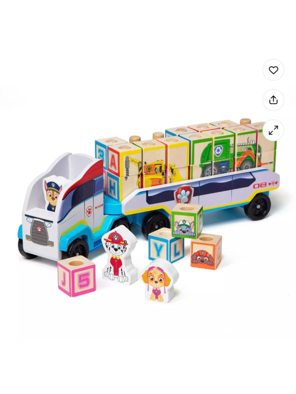 PAW Patrol Wooden Semi Truck & Trailer Toy Set with 3 Character Figures & Blocks